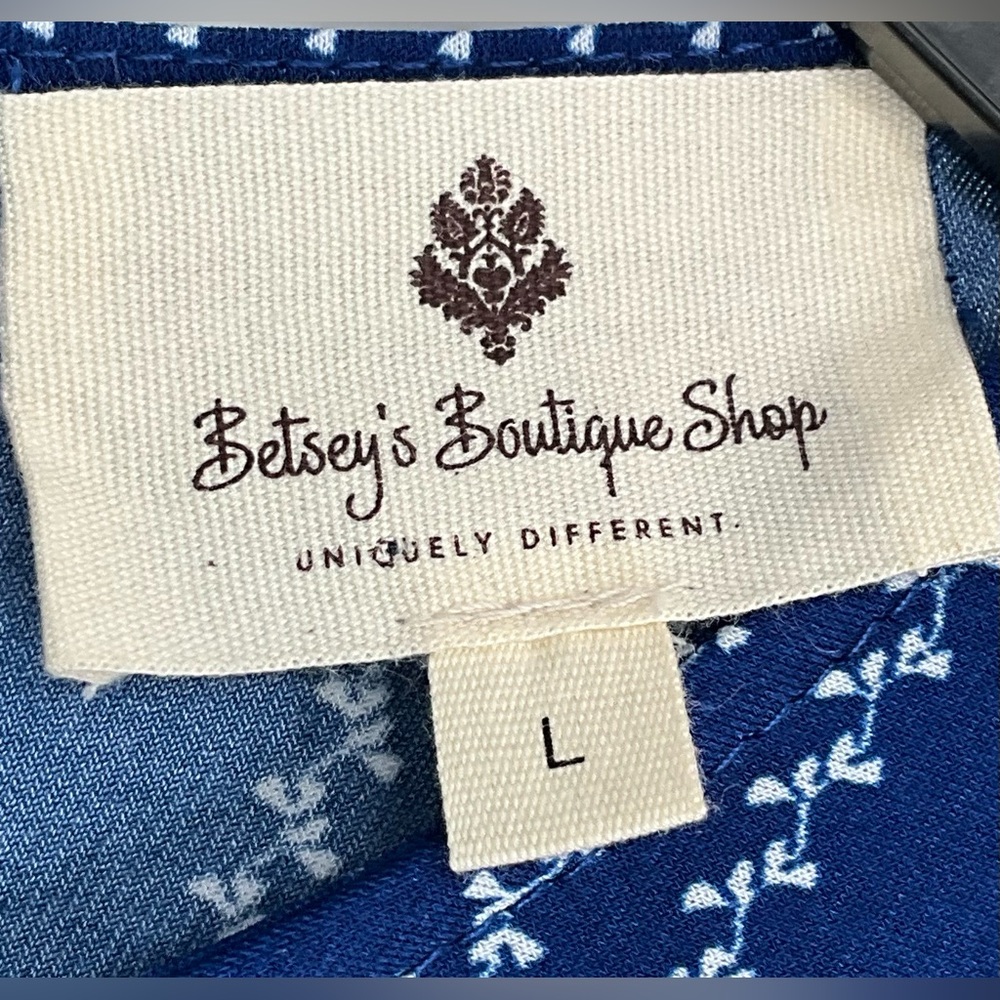 Betsey’s Boutique Shop Navy Blue Striped Slip Lined Pocket Button Back Dress L - Picture 3 of 7